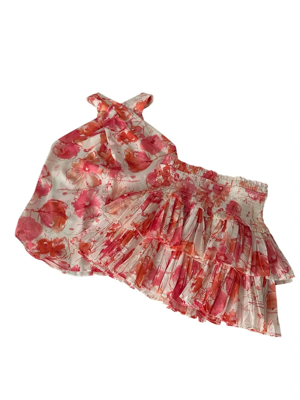 Reset By Jane Floral Halter Two Piece Set Smocked Ruffle Mini Skirt S